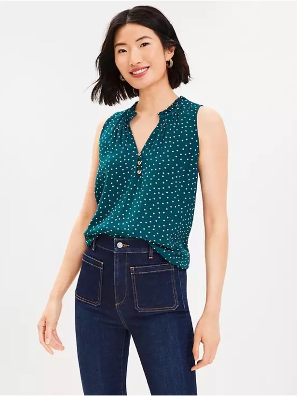 LOFT Precious Emerald Dotted Ruffle Neck Button Shell - Petite XXL